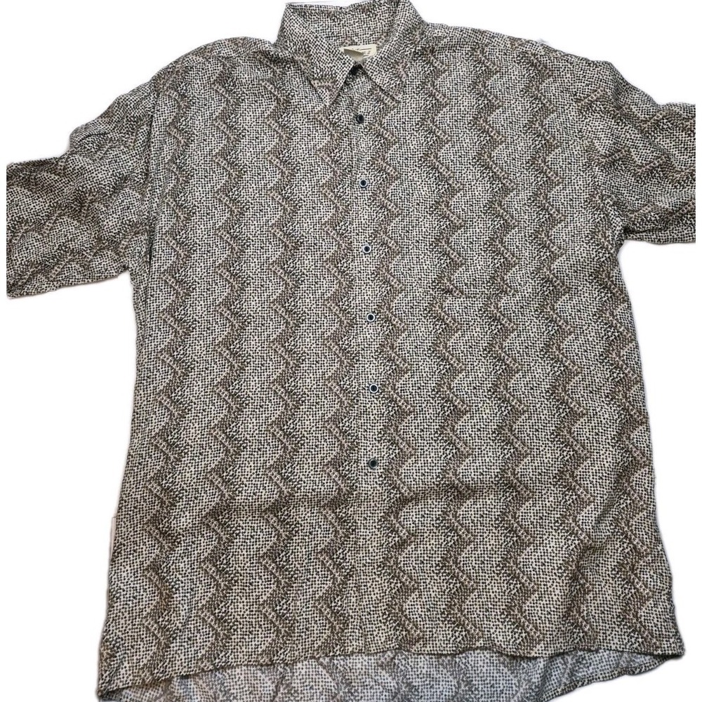 Vtg 90s Natural Issue Rayon Shirt Men‎ L Geometric Zig Zag Abstract Tan Gorpcore
